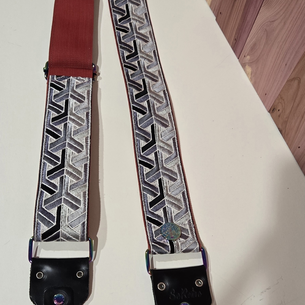 So Retro Geometric Crossbody Bag Strap, Red Webbing, Black Leather Ends
